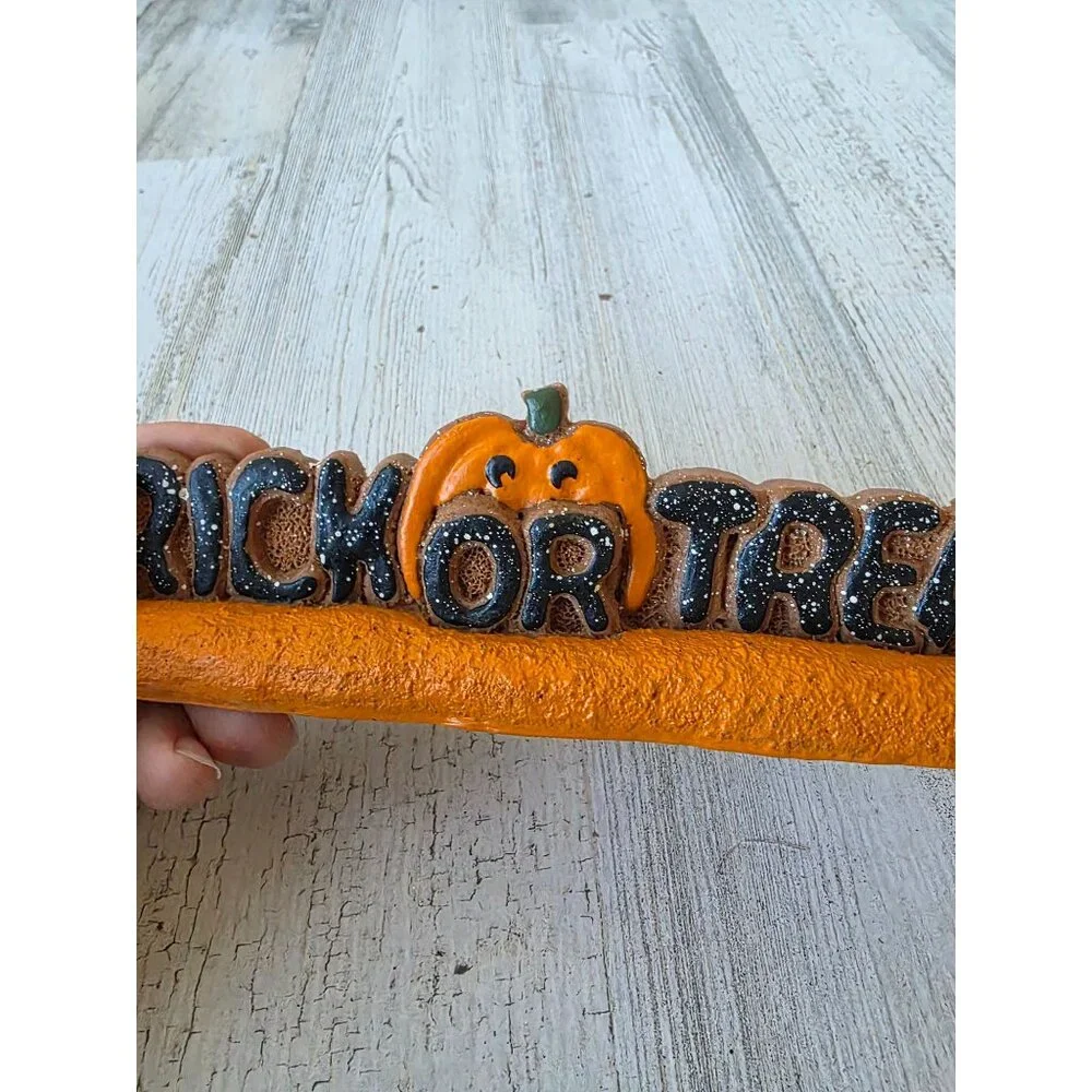 Vintage trick or treat sign Halloween pumpkin jack-o'-lantern village decor stat